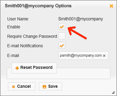 Fig. 02: Place a check in the Enable box to reactivate the user's account.