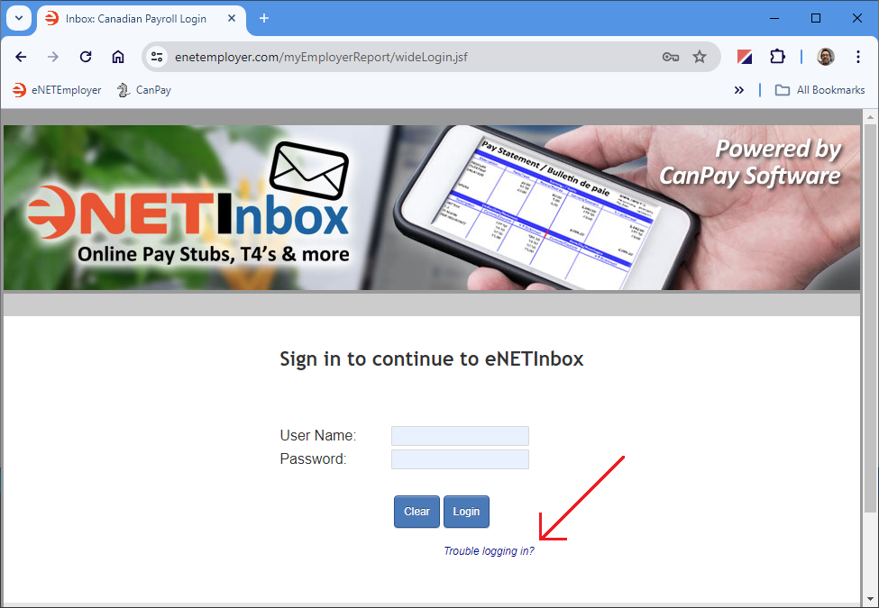 Fig. 01: 'The Trouble Logging' In link appears near the bottom of the web page.