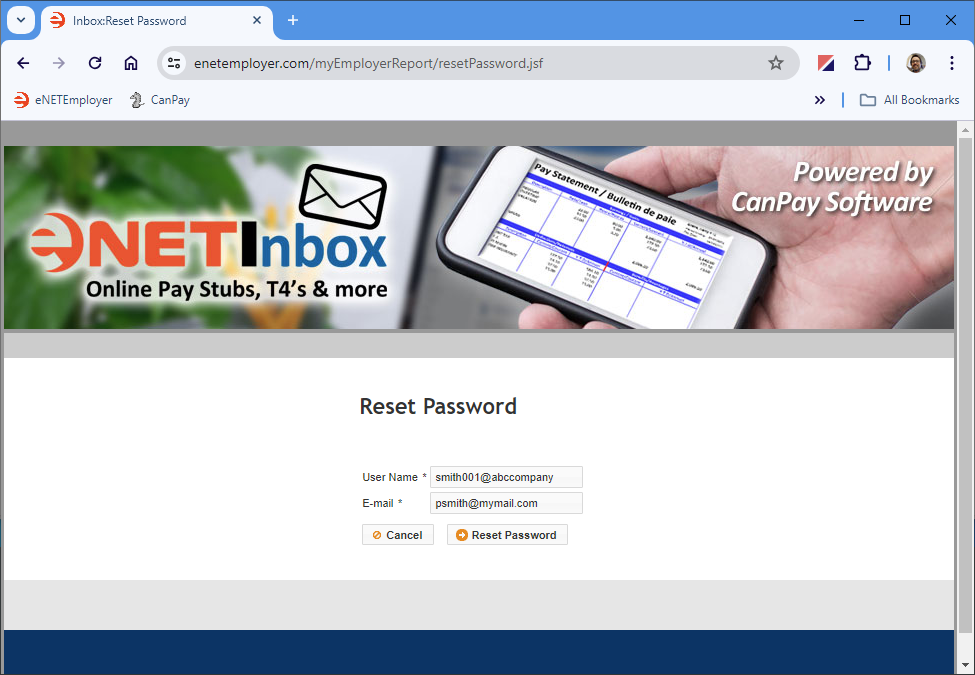 Fig. 02: The Reset Password screen requires your existing username and email to proceed.