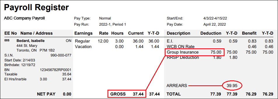 Pay register with arrears amount.