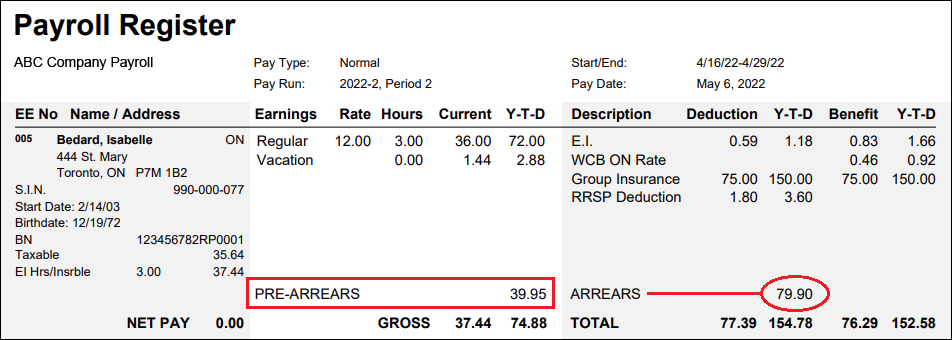 Pay register with pre-arrears amount.