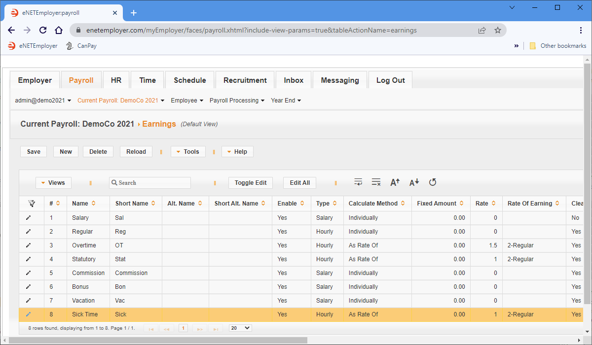 Fig. 01: The Earnings screen with the completed sick time earning.