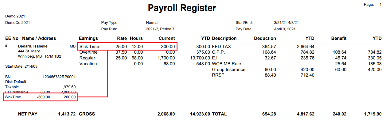 Fig. 09: The employee has $200.00 remaining in their Sick Time accumulator.