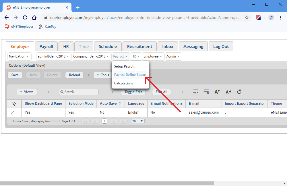 Fig. 01: The Payroll Define Status command is located under the Employer tab's Payroll menu.