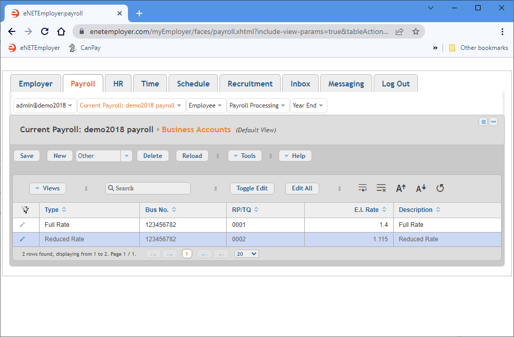 Fig. 02: The Business Accounts screen with completed sample data