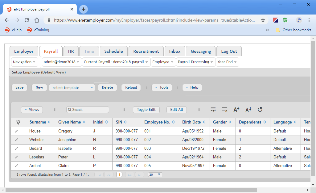 Fig. 02: The Setup Employee screen with 5 employees defined