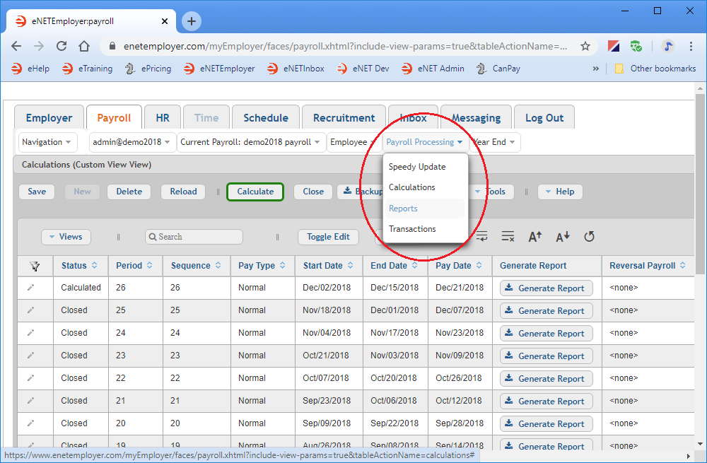 Fig. 01: The Payroll Processing menu command provides access to the Reports screen.