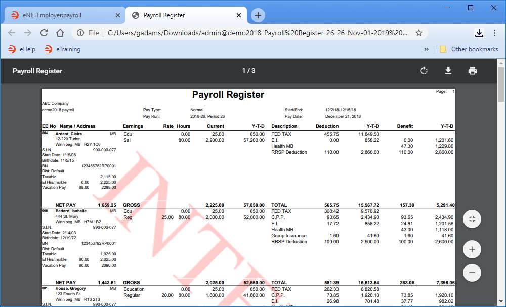 Fig. 05: The Interim watermark indicates that the payroll is not yet finalized.