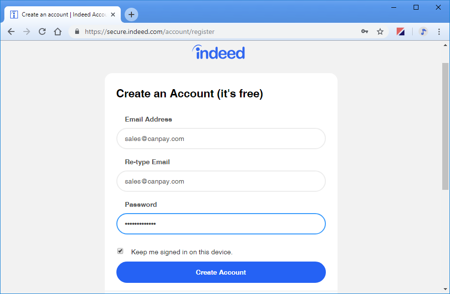Fig. 01: Enter your company detils to create a free Indeed business account.