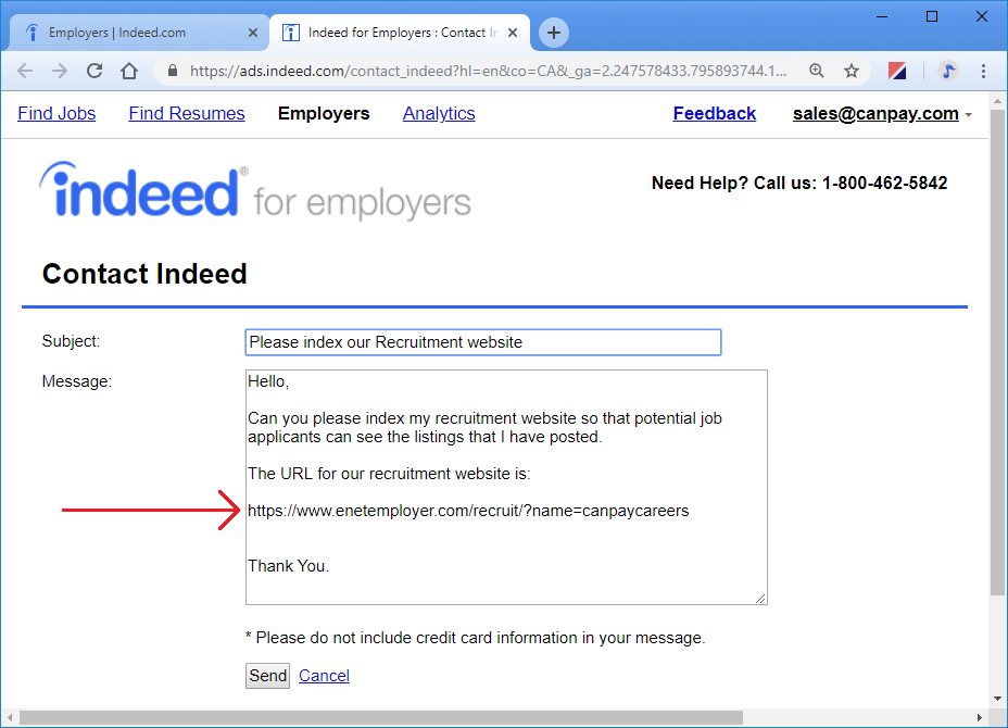 Fig. 04: Include your eNETEmployer recruitment web page URL in your indexing request.