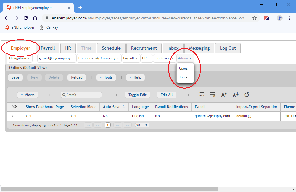 Fig. 01: The Tools command is located under the Employer tab's Admin menu.