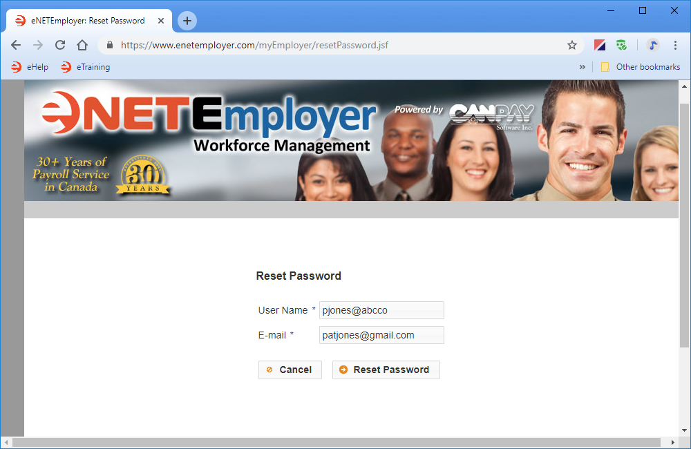 Fig. 05: Enter your user name and email so that eNETEmployer can send you a temporary password.