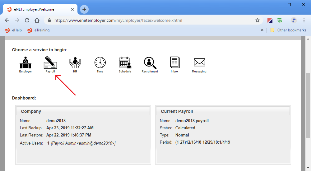 Fig. 01: Choose eNETEmployer's Payroll service icon to begin